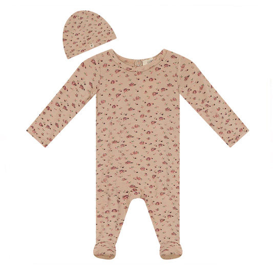 Fragile Rose Floral Print Footie and Hat Set