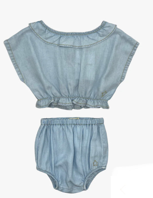 Tocoto Vintage Denim Ruffled Blouse and Bloomer Set